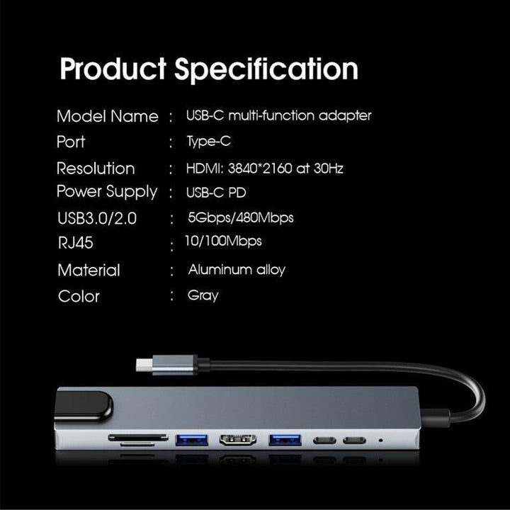 8-in-1 Type-C Multi-port USB Hub - SD/TF Adapter PD USB 3.0 4K HDMI LAN RJ45 - Aussie Gadgets