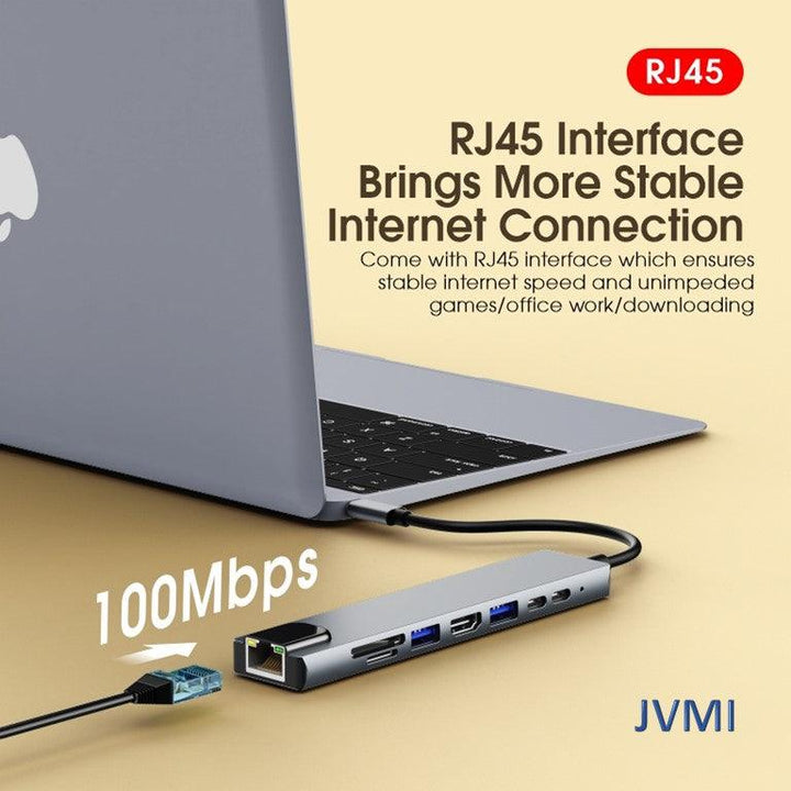 8-in-1 Type-C Multi-port USB Hub - SD/TF Adapter PD USB 3.0 4K HDMI LAN RJ45 - Aussie Gadgets