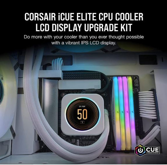 CORSAIR iCUE ELITE CPU Cooler LCD White Display Upgrade Kit transforms your CORSAIR ELITE CAPELLIX CPU cooler into a personalized dashboard