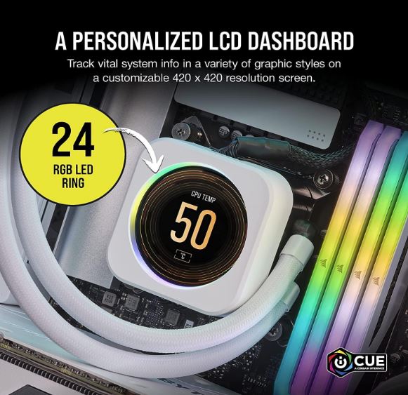 CORSAIR iCUE ELITE CPU Cooler LCD White Display Upgrade Kit transforms your CORSAIR ELITE CAPELLIX CPU cooler into a personalized dashboard