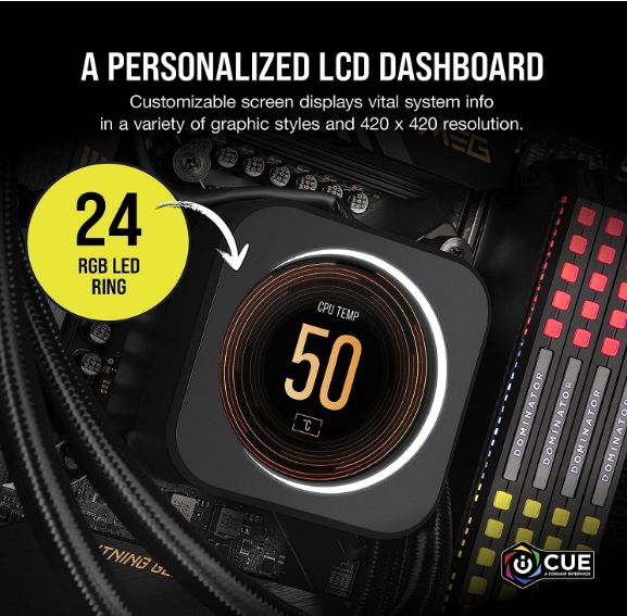 CORSAIR iCUE ELITE CPU Cooler LCD Display Upgrade Kit transforms your CORSAIR ELITE CAPELLIX CPU cooler into a personalized dashboard Display