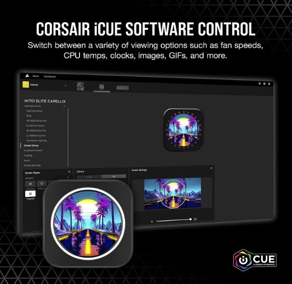 CORSAIR iCUE ELITE CPU Cooler LCD Display Upgrade Kit transforms your CORSAIR ELITE CAPELLIX CPU cooler into a personalized dashboard Display