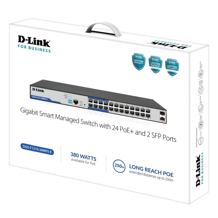 D-Link 26-Port Gigabit Smart Managed PoE+ Switch with 24 PoE+ Ports (8 Long Reach) + 2 SFP Ports