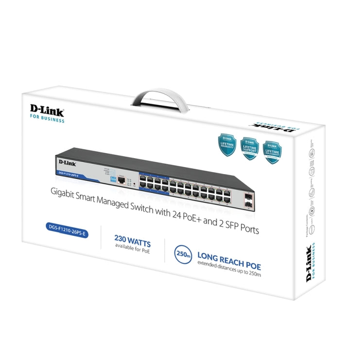 D-Link 26-Port Gigabit Smart Managed PoE+ Switch with 24 PoE+ Ports (8 Long Reach) + 2 SFP Ports