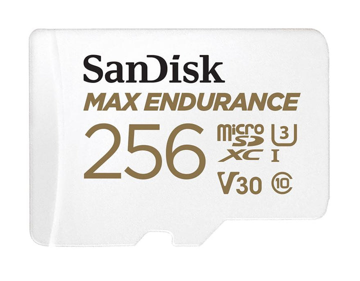 SanDisk Max Endurance 256GB microSD 100MB/s 40MB/s 20K hrs 4K UHD C10 U3 V30 -40C to 85C Heat Freeze Shock Temperature Water X-ray Proof SD Adapter