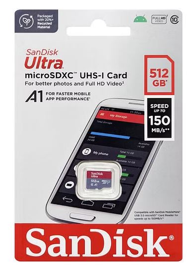 SanDisk 512GB Ultra MicroSDXC UHS-I Memory Card - 150MB/s -Capacity: 512GB - Compatibility: Compatible with microSDHC and microSDXC (SDSQUAC-512G-GN6)