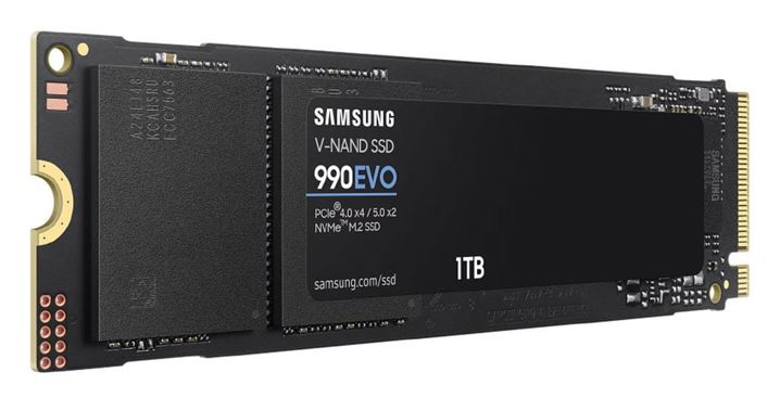 Samsung 990 EVO 1TB PCIe Gen4/5 NVMe SSD 5000MB/s 4200MB/s R/W 680K/800K IOPS 600TBW 1.5M hrs V-NAND TLC AES 256-bit Encryption 5yr wty