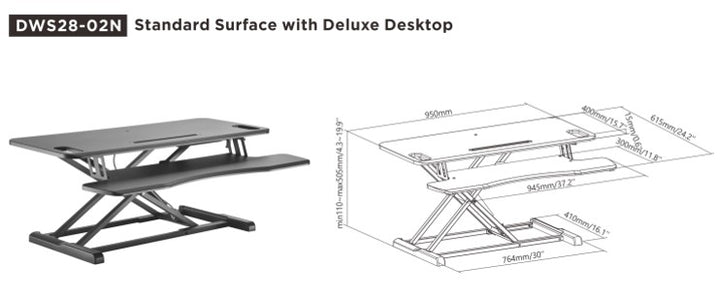 Brateck Gas Spring Sit Stand Desk Converter (950x615x110~505mm)with Keyboard Tray Deck(Standard MDF Board Surface)