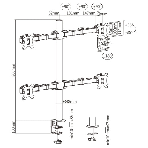 Brateck Quad Monitors Affordable Steel Articulating Monitor Arm Fit Most 17'-32' Monitors Up to 9kg per screen VESA 75x75/100x100