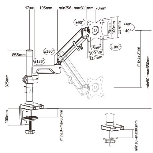 Brateck Single Monitor Pole-Mounted Epic Gas Spring Aluminum Arm Fit Most 17'-32' Monitors