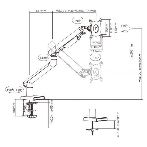 Brateck Single Monitor Premium Slim Aluminum Spring-Assisted Monitor Arm Fix Most 17'-32' Monitor Up to 9kg per screen VESA 75x75/100x100 -   White