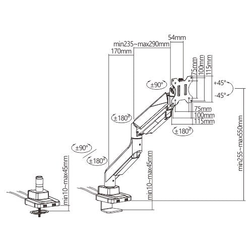 Brateck Single Monitor Economy Heavy-Duty Gas Spring Monitor Arm with USD3.1 Ports Fit Most 17'-35' Up 15kg