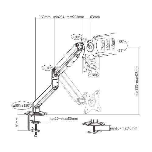 Brateck Single Monitor Economical Spring-Assisted Monitor Arm Fit Most 17'-32' Monitors