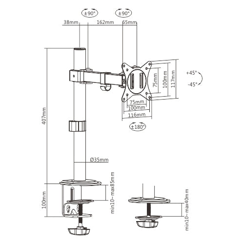 Brateck Single-Monitor Steel Articulating Monitor Mount Fit Most 17'-32' Monitor Up to 9KG VESA 75x75