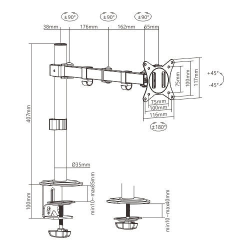 Brateck Single-Monitor Stell Articulating Monitor Mount Fit Most 17'-32' Monitor Up to 9KG VESA 75x75