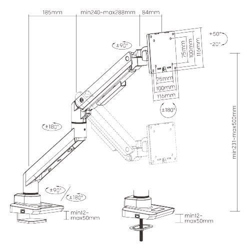 Brateck Fabulous Desk-Mounted  Heavy-Duty Gas Spring Monitor Arm Fit Most 17'-49' Monitor Up to 20KG VESA 75x75