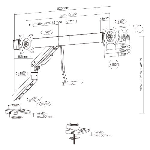 Brateck Fabulous Desk-Mounted Gas Spring Monitor Arm For Dual Monitors Fit Most 17'-32' Monitor Up to 9kg per screen VESA 100x100