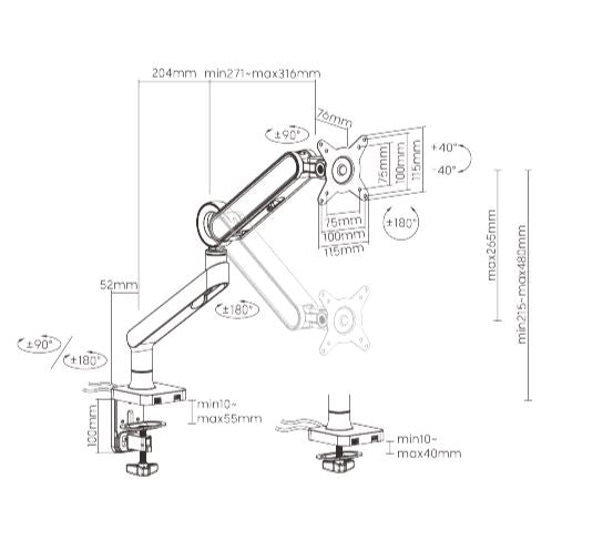 Brateck LDT75-C012UC Designer Premium Single Monitor Spring-Assisted Monitor Arm with USB-A/USB-C Ports(LS)