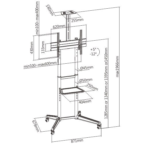 Brateck Versatile & Compact Steel TV Cart with top and center shelf for 37'-70' TVs Up to 50kg