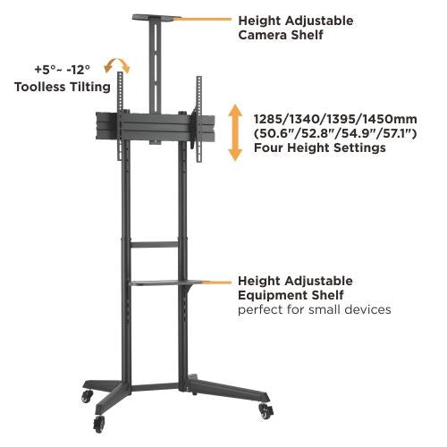 Brateck Versatile & Compact Steel TV Cart with top and center shelf for 37'-70' TVs Up to 50kg