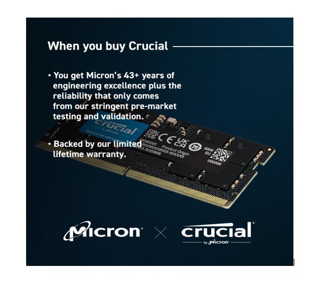 Crucial 32GB (1x32GB) DDR5 SODIMM 5200MHz CL42 1.1V Notebook Laptop Memory