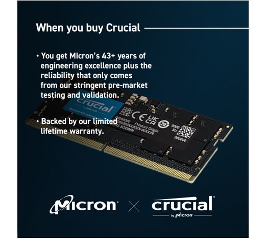 Crucial 8GB (1x8GB) DDR5 SODIMM 5200MHz C42 1.1V Notebook Laptop Memory