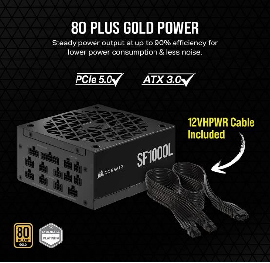 CORSAIR SF-L Series 80+ Gold SF1000L Fully Modular Low-Noise SFX Power Supply. Ultra compact Space saving