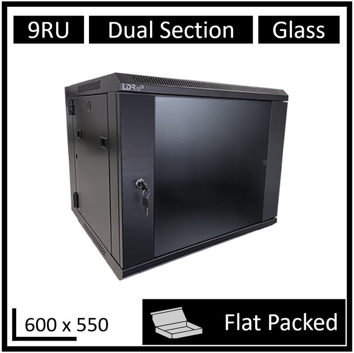 LDR Flat Packed 9U Hinged Wall Mount Cabinet (600mm x 550mm) Glass Door - Black Metal Construction - Top Fan Vents - Side Access Panels