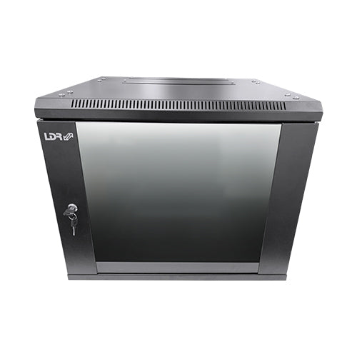 LDR Flat Packed 9U Hinged Wall Mount Cabinet (600mm x 550mm) Glass Door - Black Metal Construction - Top Fan Vents - Side Access Panels