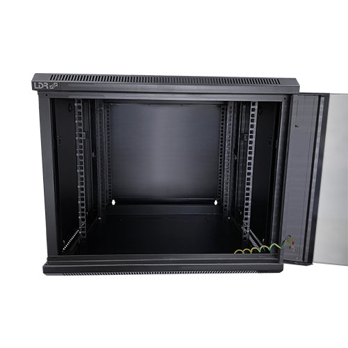 LDR Flat Packed 9U Hinged Wall Mount Cabinet (600mm x 550mm) Glass Door - Black Metal Construction - Top Fan Vents - Side Access Panels