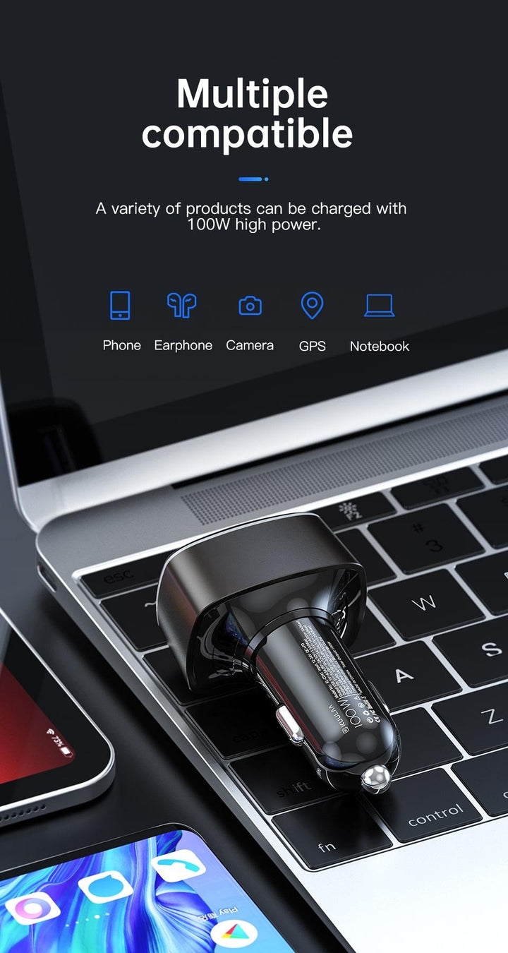 100W 5A PD USB-A Type-C Phone Laptop Car Charger - Aussie Gadgets