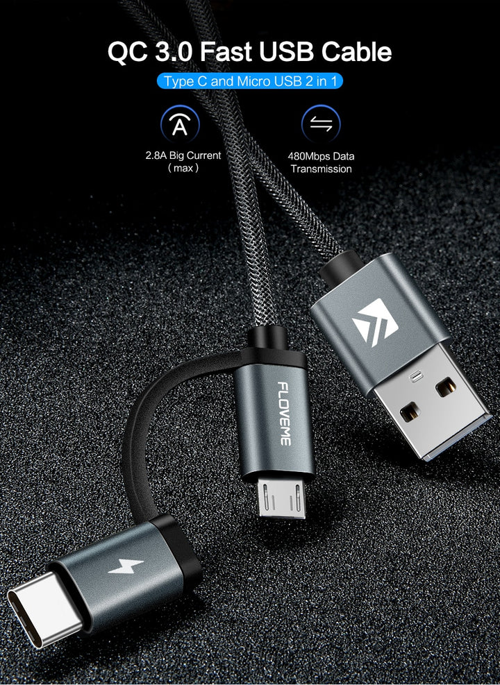 USB A to Micro-USB USB-C 2-in-1 Fast Charging Cable - Aussie Gadgets
