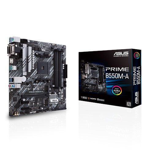 AMD B550 PRIME B550M-A (Ryzen AM4) mATX MB, Dual M.2, PCIe 4.0, 1Gb Ethernet, HDMI/D-Sub/DVI, SATA 6Gbps, USB 3.2 Gen 2 A, Aura Sync RGB
