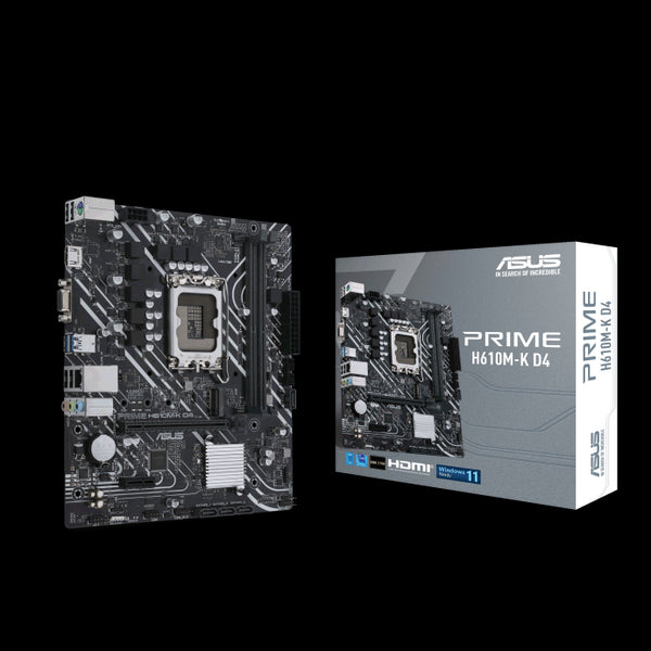 PRIME H610M-K D4 Intel LGA 1700 mic-ATX Motherboard DDR4 PCIE4.0, M.2, Realtek 1 Gb Ethernet, HDMI D-Sub USB3.2, SATA 6 Gbps, Com header, RGB Hea