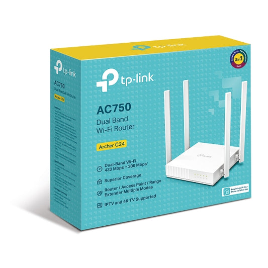 TP-Link Archer C24 AC750 Dual-Band Wi-Fi Router 2.4GHz 300Mbps 5GHz 433Mbps